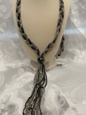 Chicos Handcrafted Silver and Black Beaded Tassel Necklace New  21”
